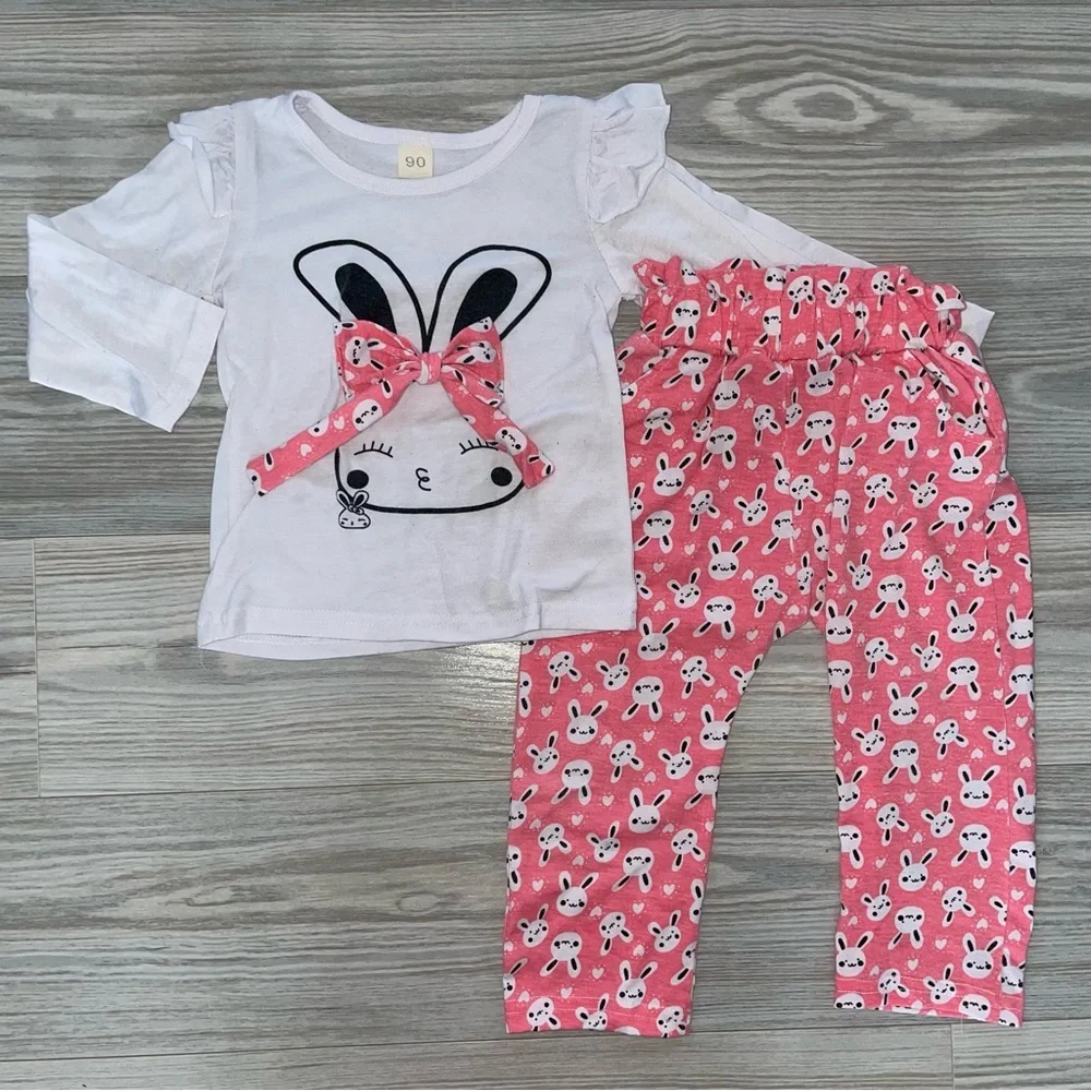 Baby Girls 2-PC Outfit 18–24 Months White Bunny Long Sleeve Top & Pink Pants Set